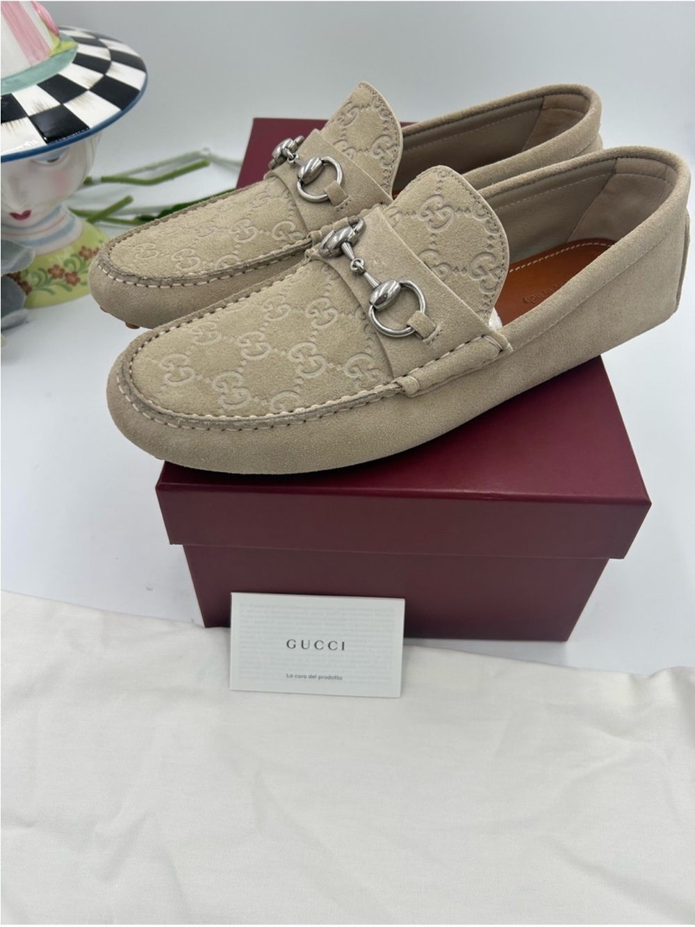 Men’s Gucci suede oatmeal GG embossed driver loafer size 8 fits nine US - Picture 4 of 10